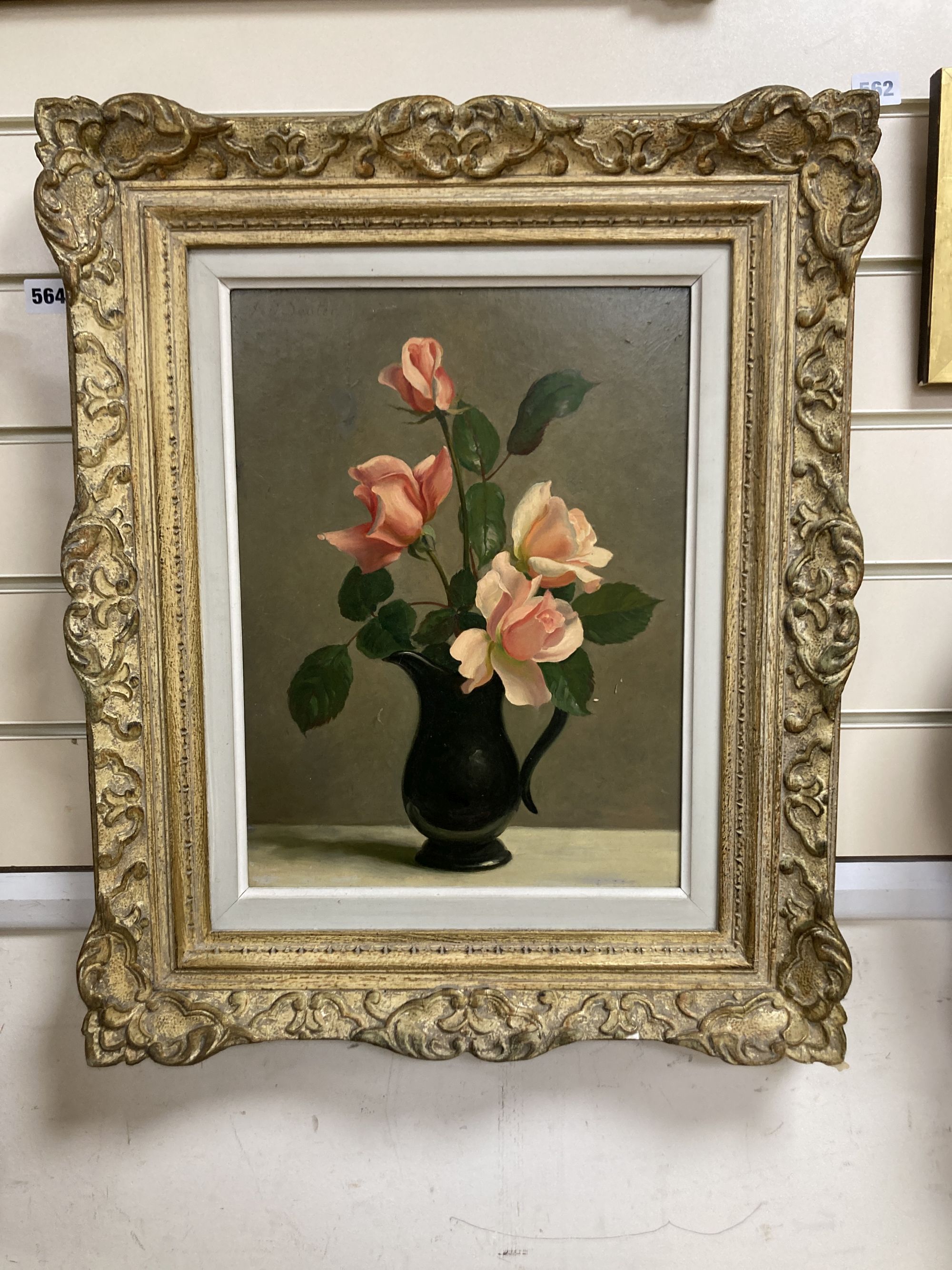 John Bulloch Souter, (1890 - 1972), oil on board, Still life of roses in a pewter jug, signed, Stacey Marks label verso
